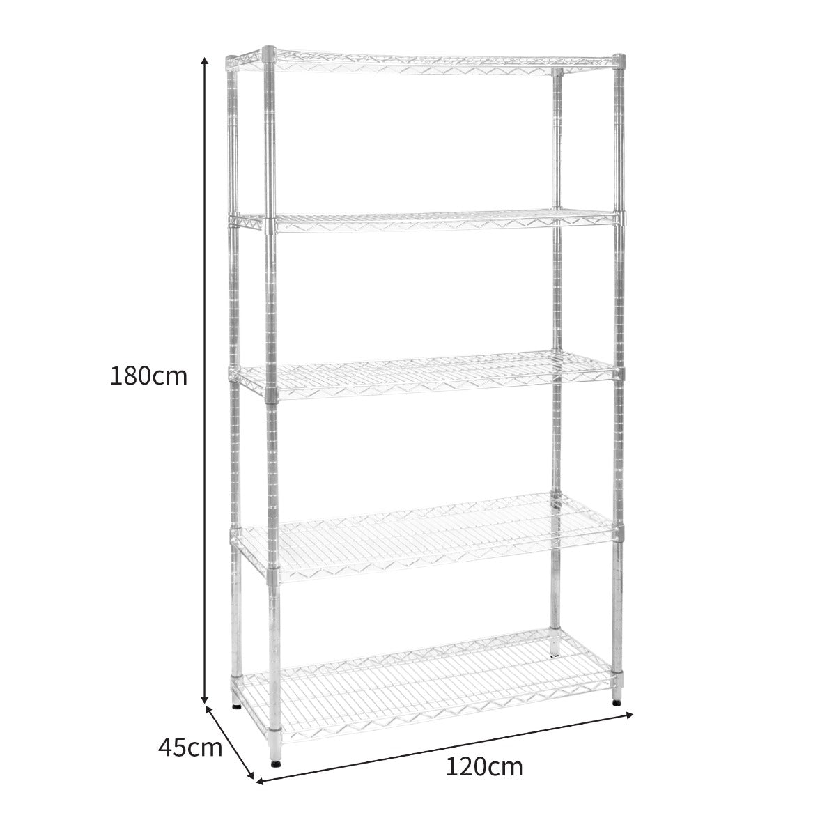 Sturdy chrome wire racking unit measuring 45cm x 120cm x 180cm, featuring four open shelves for versatile storage solutions