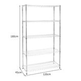 Sturdy chrome wire racking unit measuring 45cm x 120cm x 180cm, featuring four open shelves for versatile storage solutions