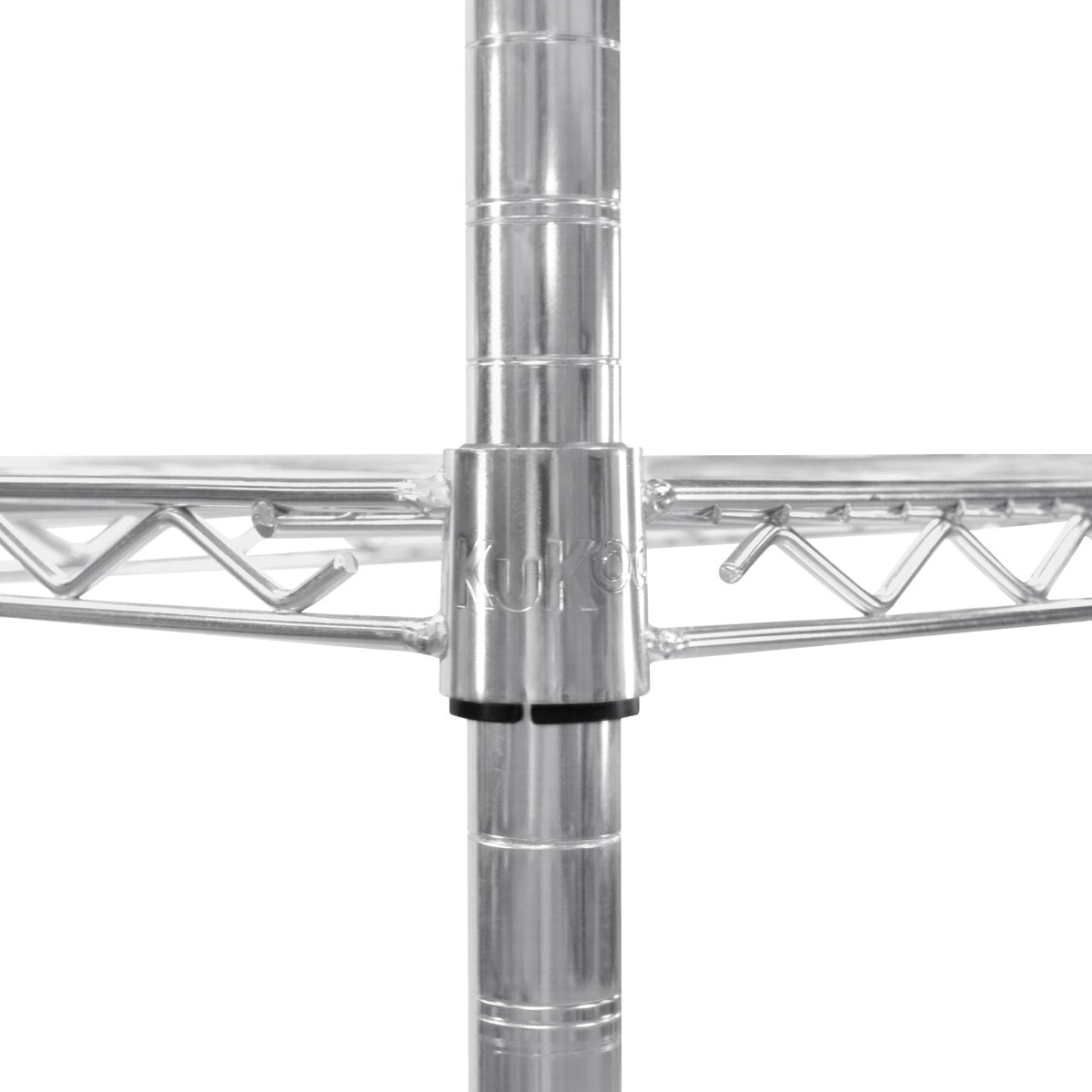 Sturdy KuKoo wire racking system featuring a sleek silver finish, cross-bracing for stability, and adjustable height options