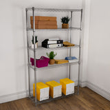 Metal wire racking unit in silver, featuring four shelves with boxes, plants, and colorful storage bins on a wooden floor