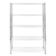 Sturdy chrome wire racking unit with four spacious shelves, ideal for storage in kitchens or garages, featuring a sleek, modern design