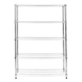 Sturdy chrome wire racking unit with four spacious shelves, ideal for storage in kitchens or garages, featuring a sleek, modern design
