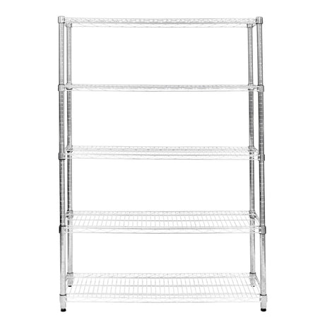 Sturdy chrome wire racking unit with four spacious shelves, ideal for storage in kitchens or garages, featuring a sleek, modern design