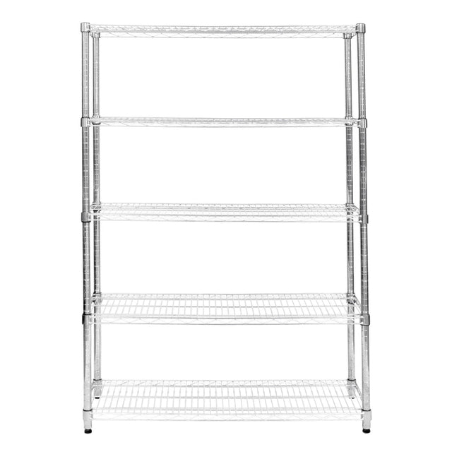Sturdy chrome wire racking unit with four spacious shelves, ideal for storage in kitchens or garages, featuring a sleek, modern design