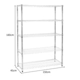 Sturdy chrome wire racking unit, measuring 45cm x 150cm x 180cm, features four open shelves for versatile storage solutions