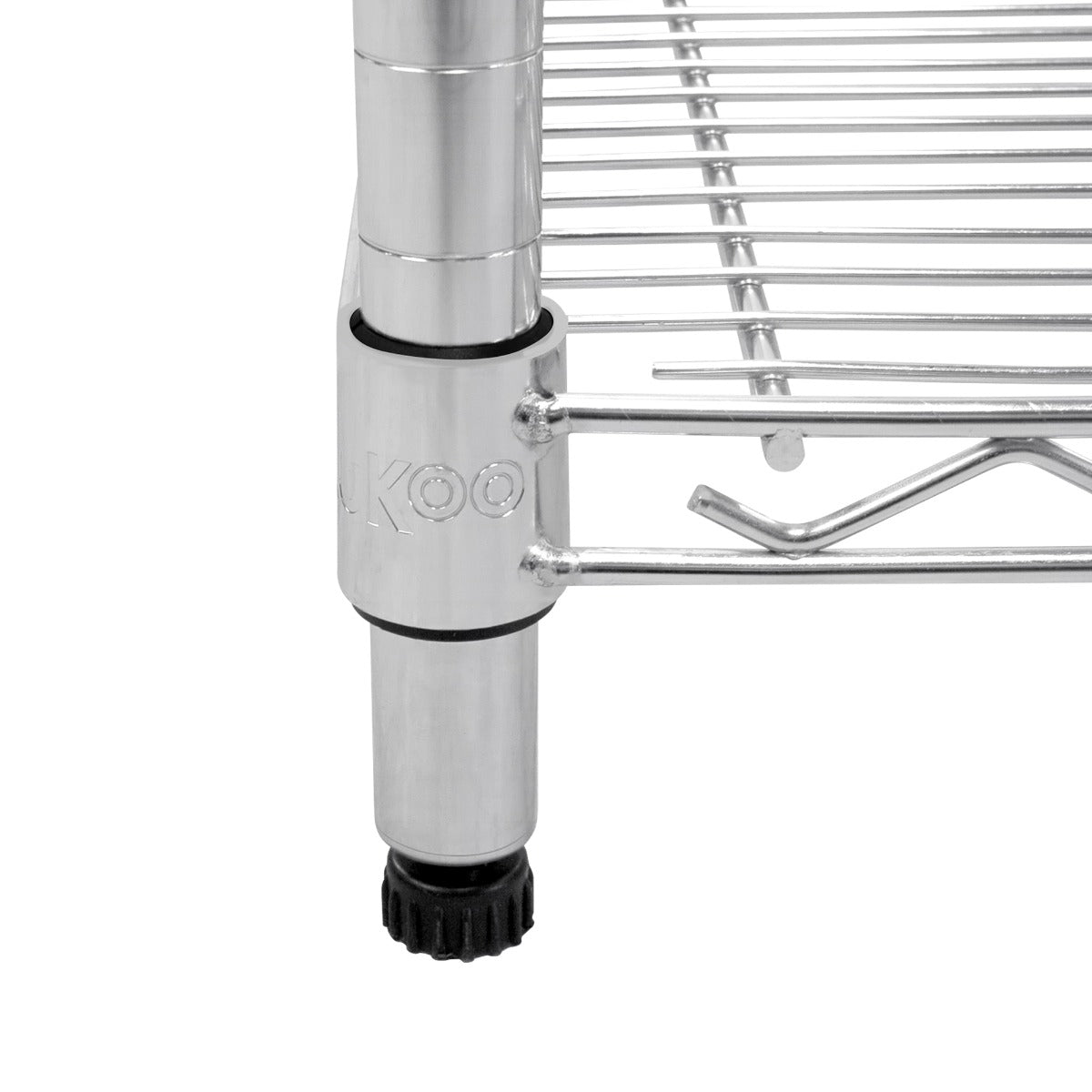 Close-up of KuKoo wire racking featuring a sturdy metal frame, adjustable feet, and sleek chrome finish for durable storage solutions