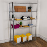 Sturdy silver wire racking unit with five shelves, displaying boxes, plants, and colorful storage bins in a bright room