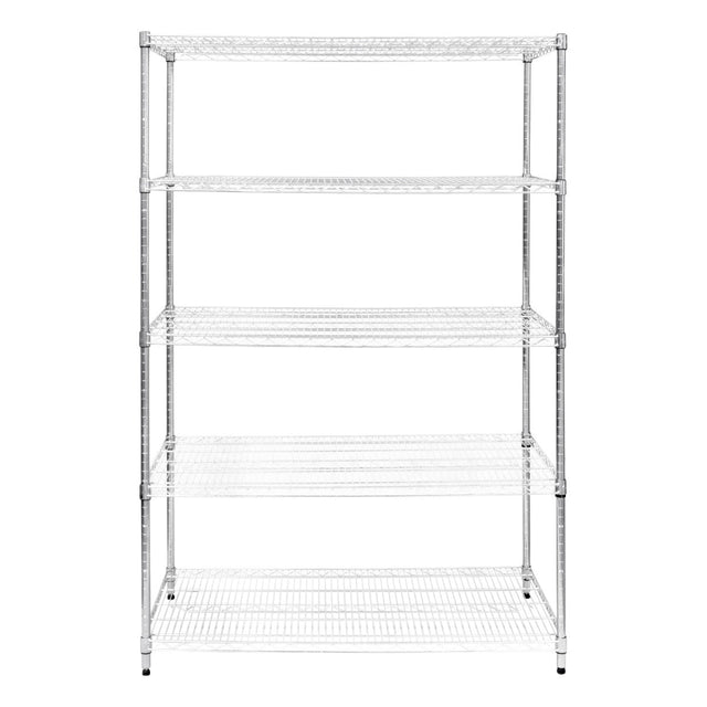 Sturdy chrome wire racking unit with five adjustable shelves, measuring 60cm x 120cm x 180cm, ideal for storage and organization