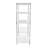 Sturdy silver wire racking unit with four spacious shelves, ideal for storage in kitchens, garages, or commercial spaces