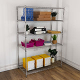 Metal wire racking unit with five shelves, featuring colorful storage bins, boxes, and potted plants, ideal for organization