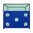 Durable black golf practice cage with a blue target sheet featuring circular cutouts, designed for effective training and skill improvement