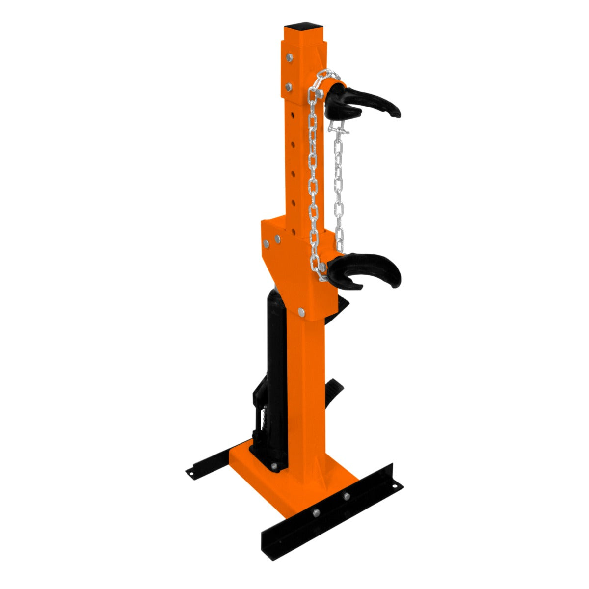 Hydraulic coil spring strut in bright orange with sturdy metal construction, featuring adjustable hooks and a stable base for support