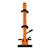 Hydraulic coil spring strut in bright orange with black accents, featuring a sturdy base, chains, and foot pedal for easy operation