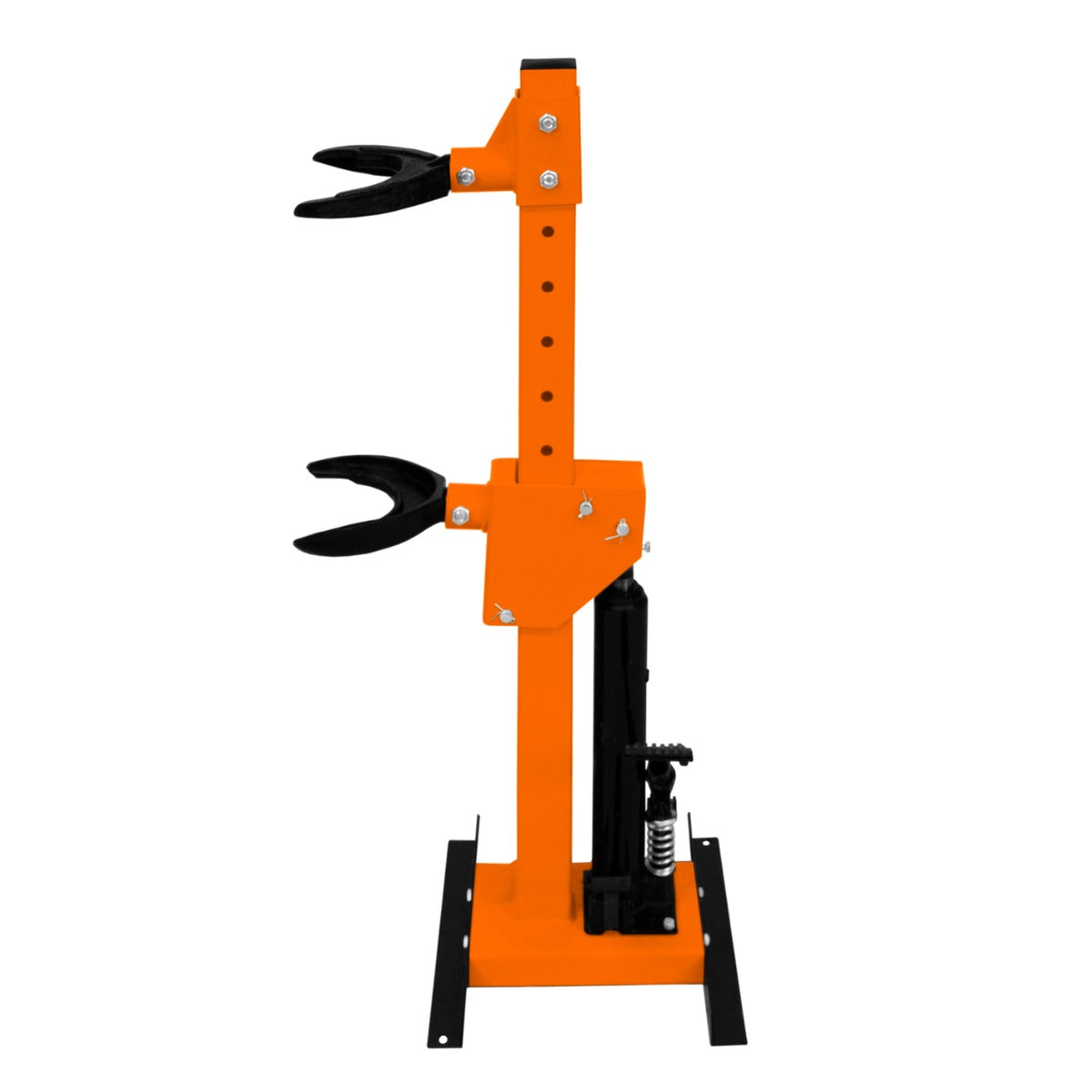 Hydraulic coil spring strut in bright orange, featuring adjustable arms, sturdy base, and a compact design for easy use