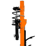 Hydraulic coil spring strut in vibrant orange and black, featuring a spiral spring and sturdy metal construction for durability