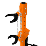 Hydraulic coil spring strut in bright orange with black claw grips, featuring a sturdy metal frame and a chain for secure handling