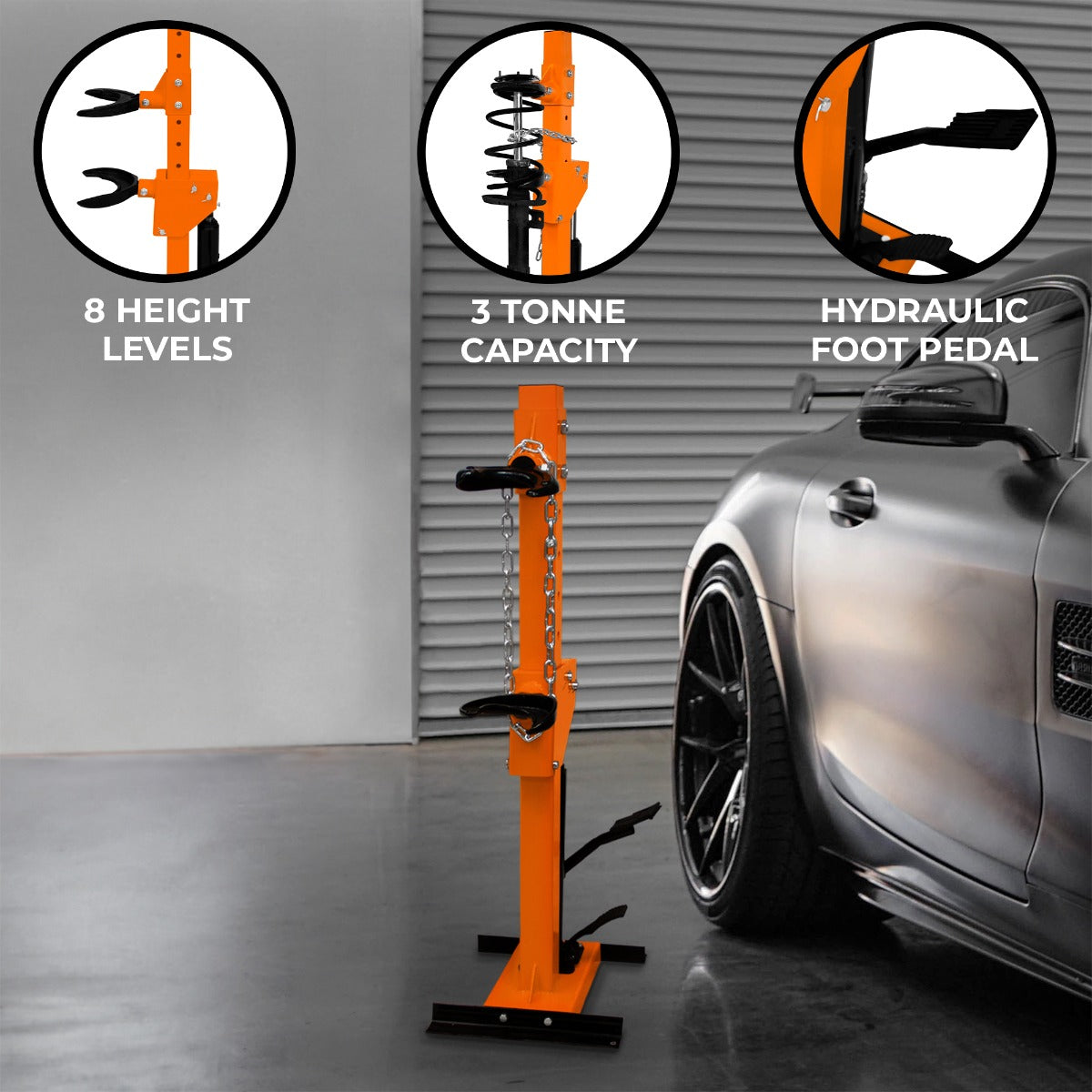 Hydraulic coil spring strut in vibrant orange, featuring 8 height levels, 3-ton capacity, and a hydraulic foot pedal for easy adjustments