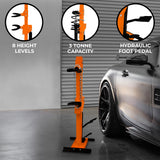 Hydraulic coil spring strut in vibrant orange, featuring 8 height levels, 3-ton capacity, and a hydraulic foot pedal for easy adjustments