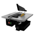 Electric wet tile cutter with a sleek silver body, adjustable cutting guide, and a yellow diamond blade for precision cutting