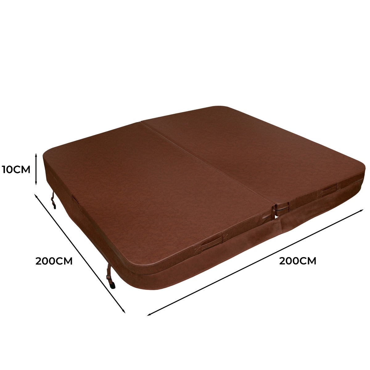 Brown 2m hot tub spa cover with a textured surface, measuring 200cm x 200cm and 10cm thick, designed for durability and insulation