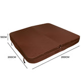 Brown 2m hot tub spa cover with a textured surface, measuring 200cm x 200cm and 10cm thick, designed for durability and insulation