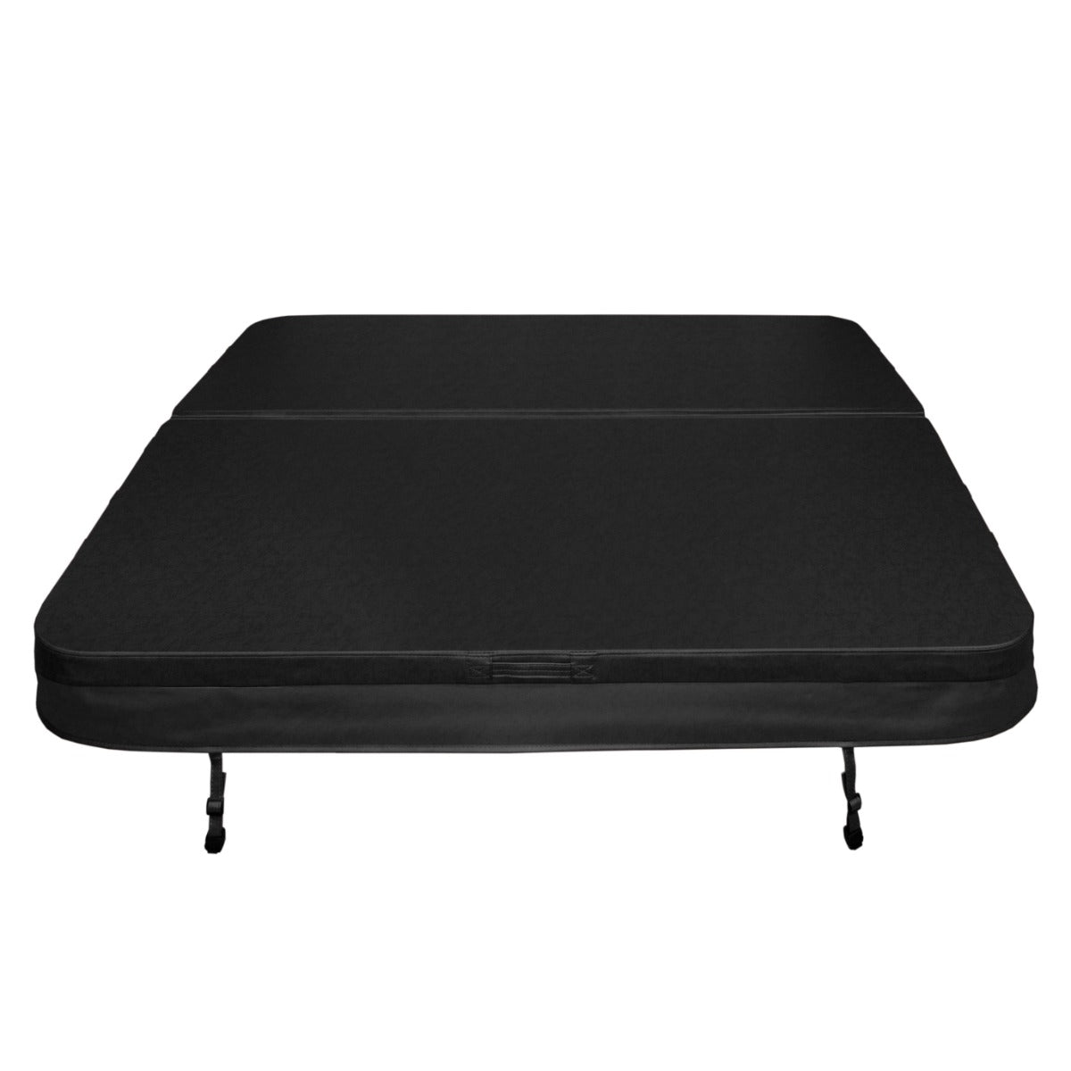 Durable black hot tub spa cover, 2m size, featuring a smooth texture and secure fastening straps for optimal insulation and protection