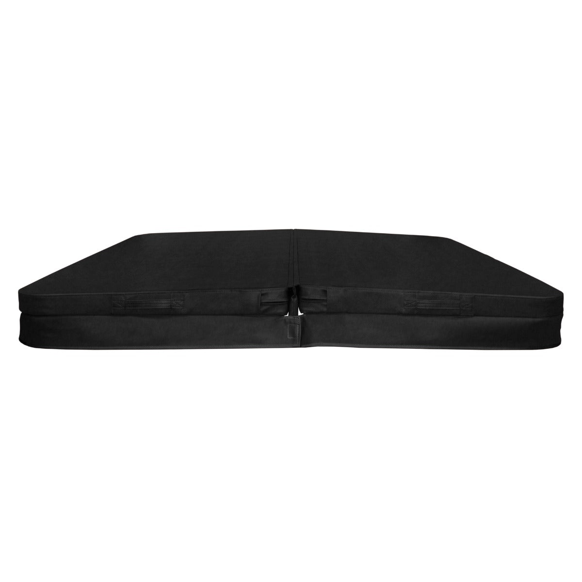 Durable black hot tub spa cover, 2 meters wide, featuring a smooth texture and secure fastening straps for easy use and protection