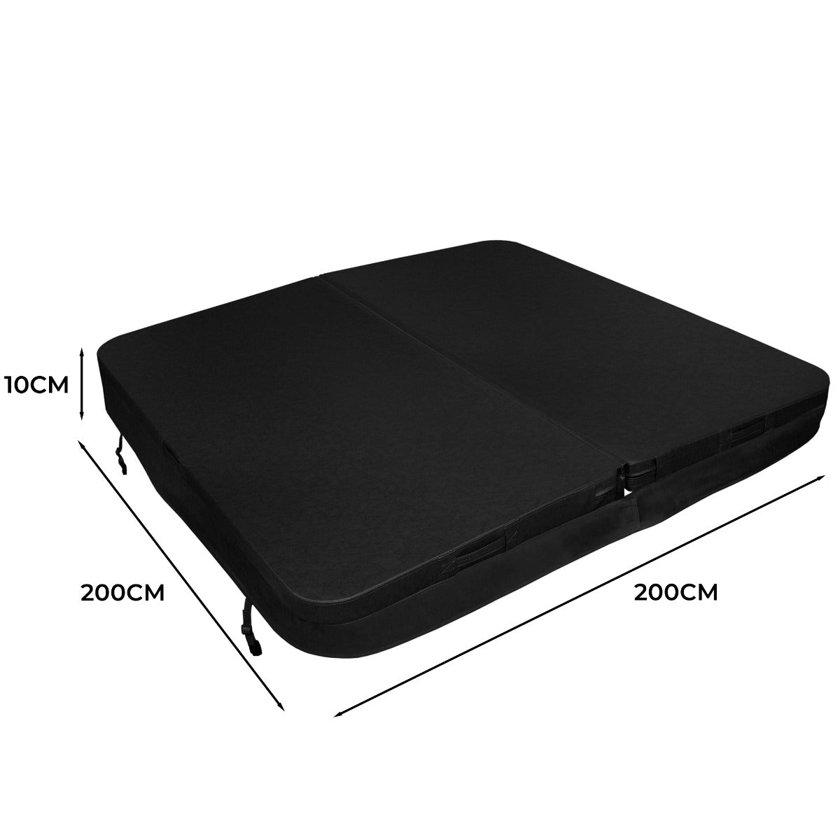 Black 2m hot tub spa cover with a smooth texture, measuring 200cm x 200cm and 10cm thick, featuring secure straps for easy attachment