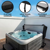 Black 2m hot tub spa cover with six lifting handles, lock down straps, and a foldable design, set against a clear blue sky