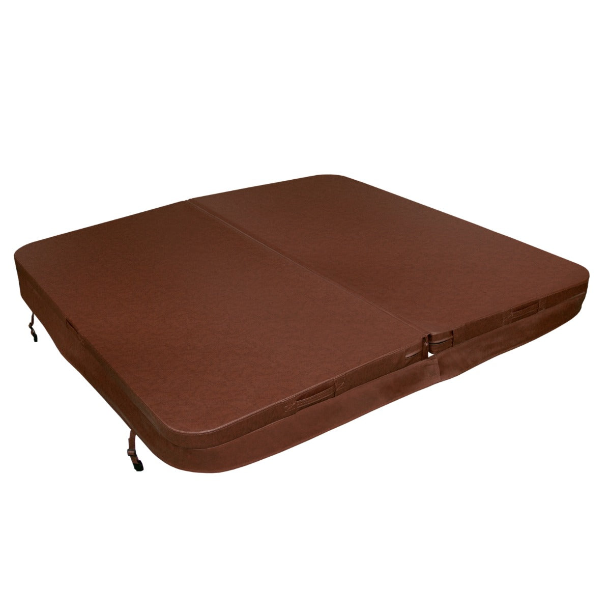 Brown 2.1m hot tub spa cover featuring a textured surface, durable material, and secure fastening straps for optimal insulation