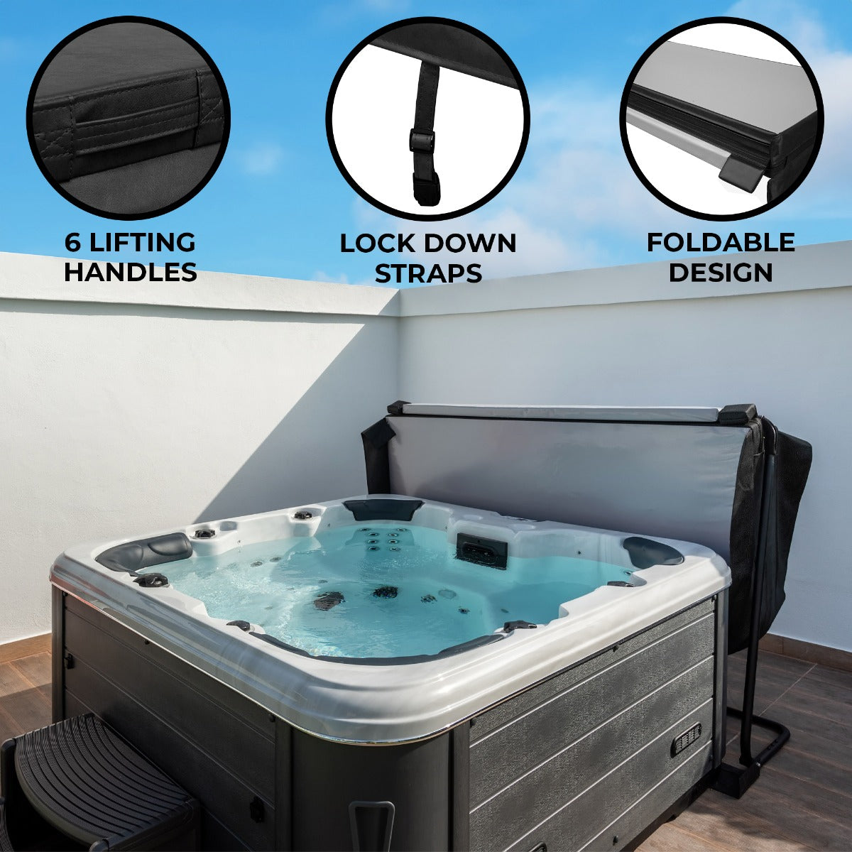 Black 2.1m hot tub spa cover featuring six lifting handles, lock down straps, and a foldable design for easy storage and use