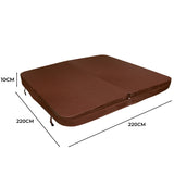 Brown 2.2m hot tub spa cover with a smooth texture, measuring 220cm x 220cm and 10cm thick, featuring secure fastening straps