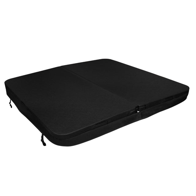 Durable black hot tub spa cover measuring 2.2m, featuring a smooth texture and secure fastening straps for optimal insulation