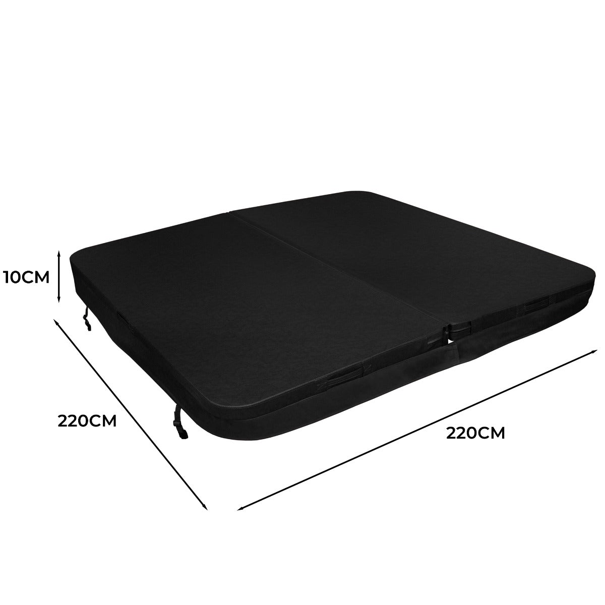 Black 2.2m hot tub spa cover with a smooth texture, measuring 220cm x 220cm and 10cm thick, designed for durability and insulation