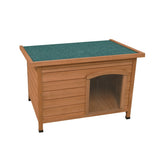 Small wooden dog kennel with a green felt roof, featuring a spacious entrance and sturdy construction for outdoor use