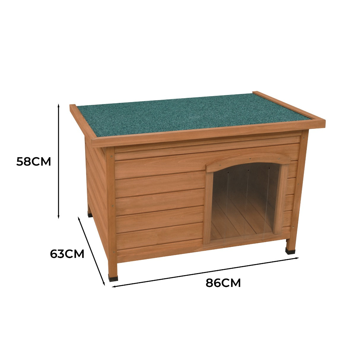 Small wooden dog kennel with a green felt roof, slatted walls, and a clear front opening, measuring 86cm x 63cm x 58cm