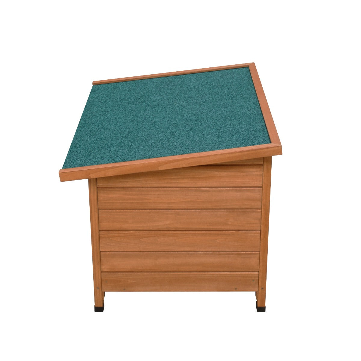 Small wooden dog kennel with a slanted green roof, featuring a natural wood finish and textured siding for durability