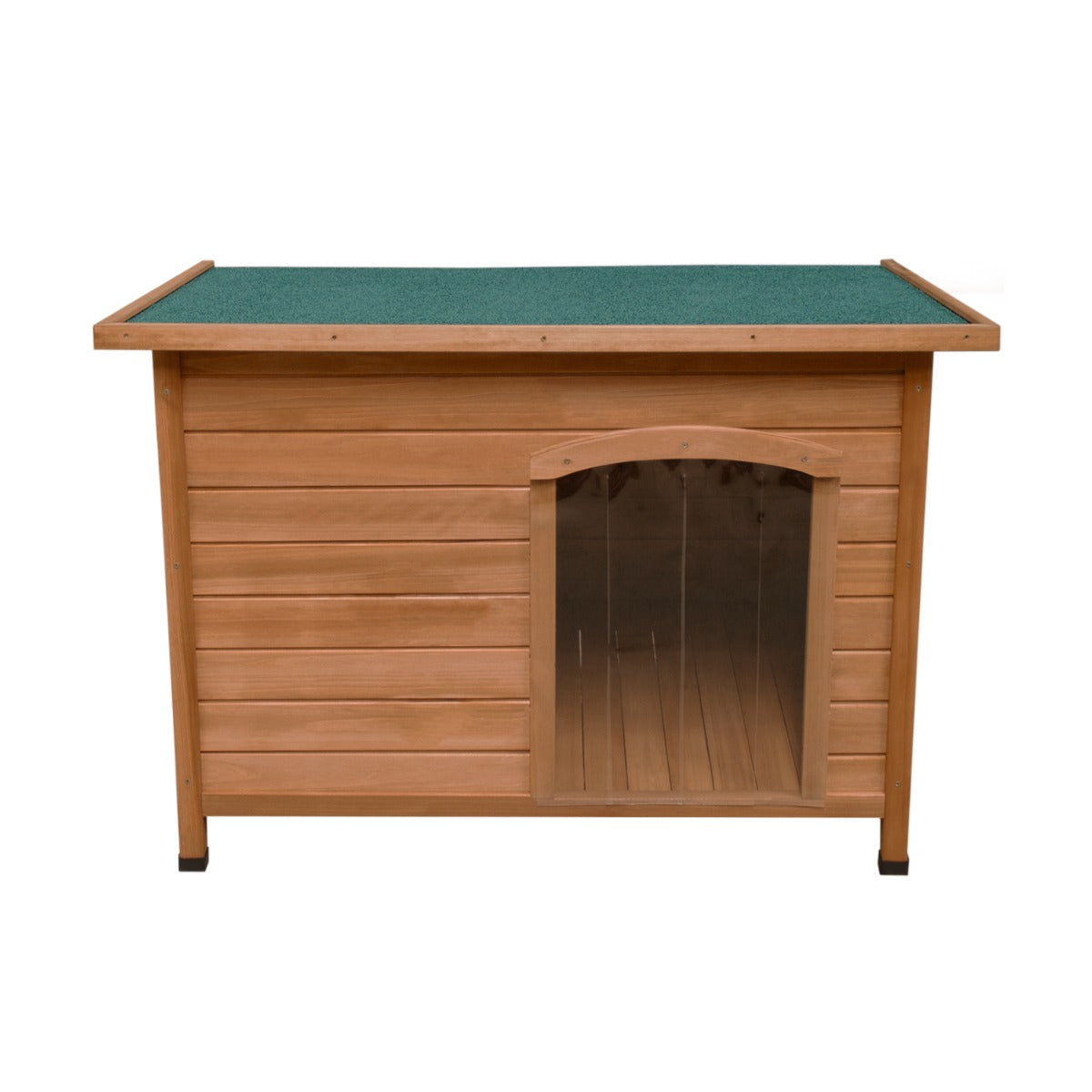 Medium wooden dog kennel with a sloped green roof, featuring a clear entrance and a textured wooden exterior for durability