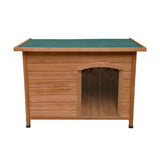 Medium wooden dog kennel with a sloped green roof, featuring a clear entrance and a textured wooden exterior for durability