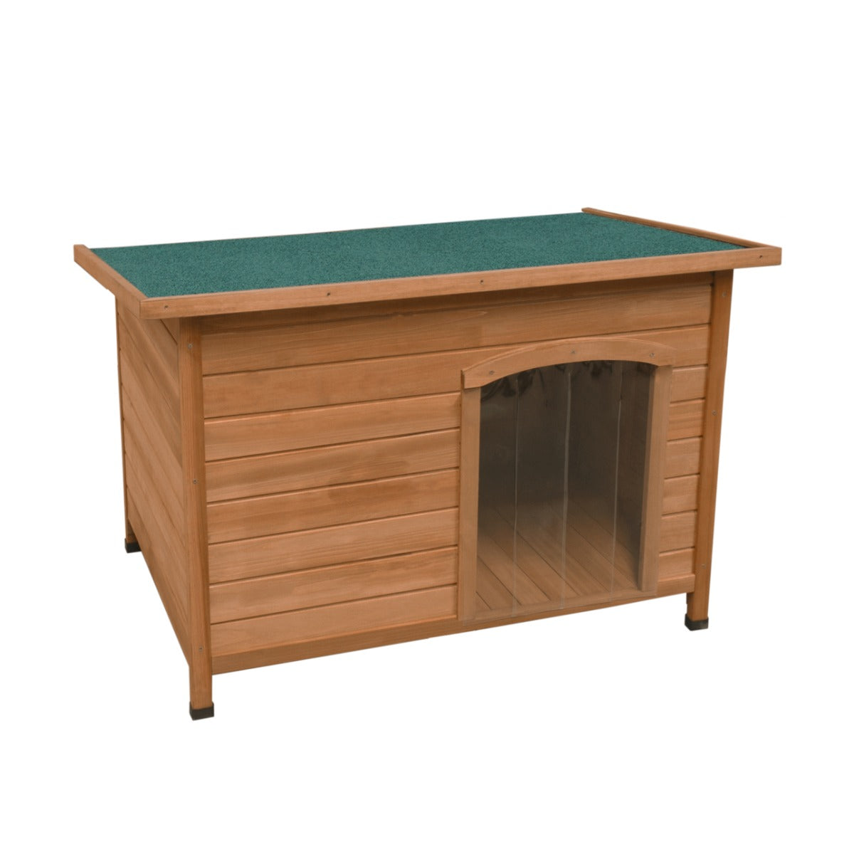 Medium wooden dog kennel with a green felt roof, clear front panel, and sturdy construction for outdoor use