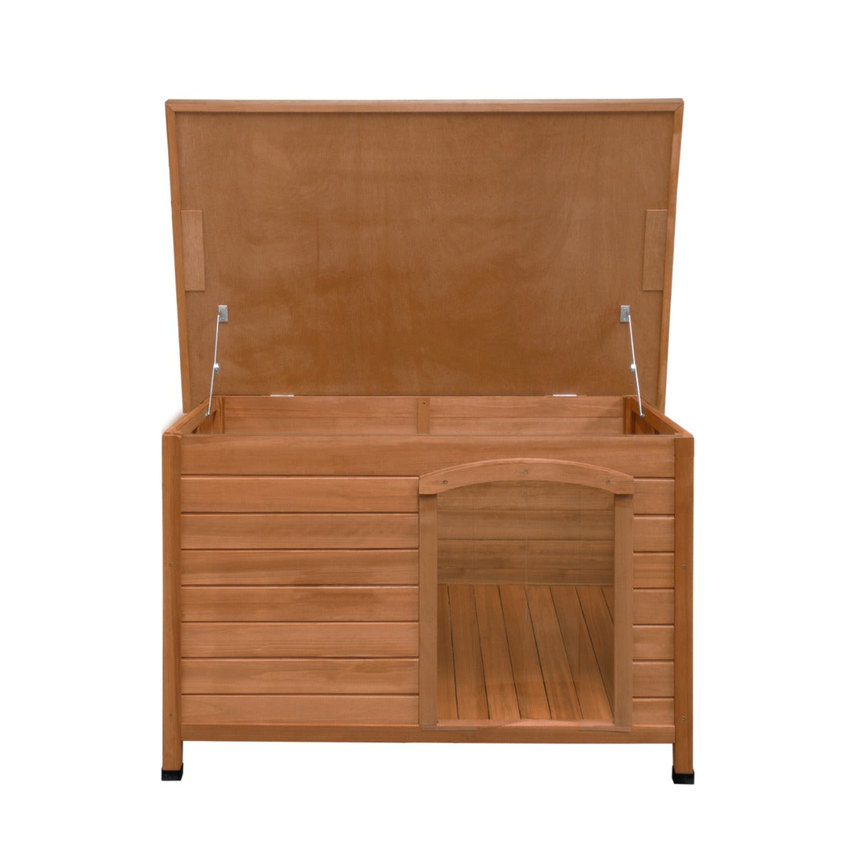 Medium wooden dog kennel with a slatted design, featuring a hinged roof for easy access and a spacious entryway for pets