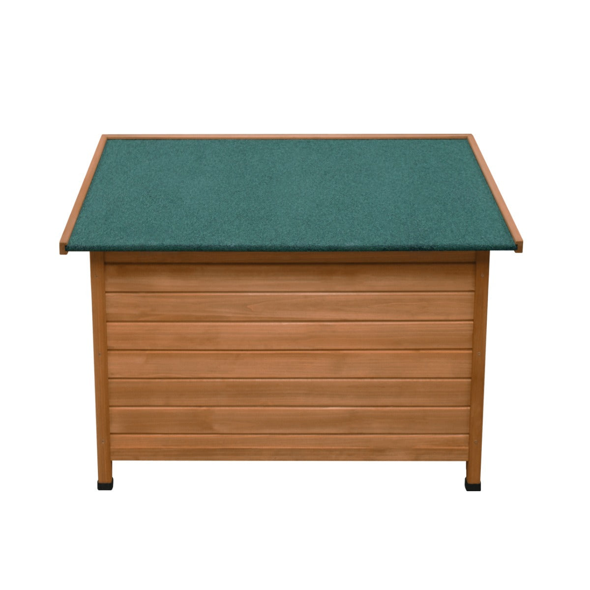 Medium dog kennel featuring a wooden structure with a natural finish and a green, textured roof for outdoor durability