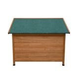 Medium dog kennel featuring a wooden structure with a natural finish and a green, textured roof for outdoor durability