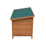 Medium dog kennel with a slanted green roof, wooden slats in a warm brown finish, and sturdy black feet for stability