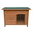 Large wooden dog kennel with a sloped green roof, spacious entrance, and smooth, natural wood finish for durability and comfort