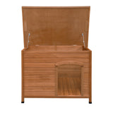 Large wooden dog kennel with a slatted exterior, a hinged roof for easy access, and a spacious entryway for comfort