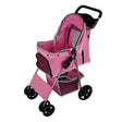 Pink pet stroller featuring a spacious mesh-lined cabin, sturdy wheels, and a protective rain cover for outdoor use