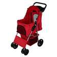 Red pet stroller featuring a spacious, breathable mesh cabin, sturdy wheels, and a convenient rain cover for outdoor use