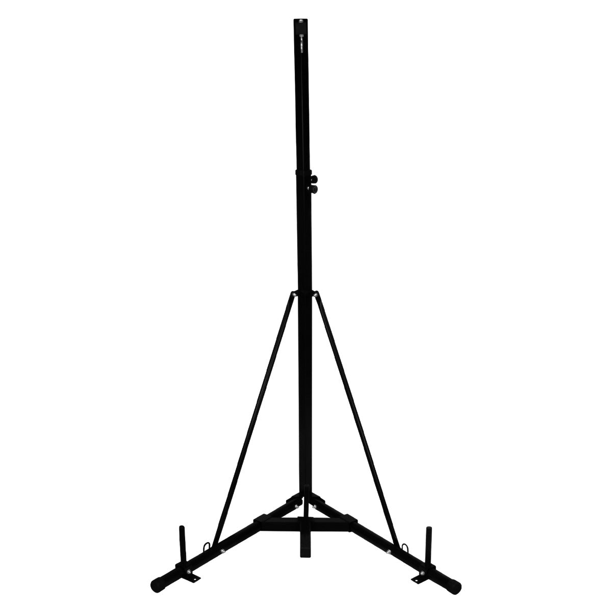 Sturdy black folding punch bag stand with a triangular base, adjustable height, and rubber feet for stability on various surfaces