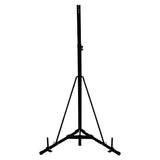 Sturdy black folding punch bag stand with a triangular base, adjustable height, and rubber feet for stability on various surfaces